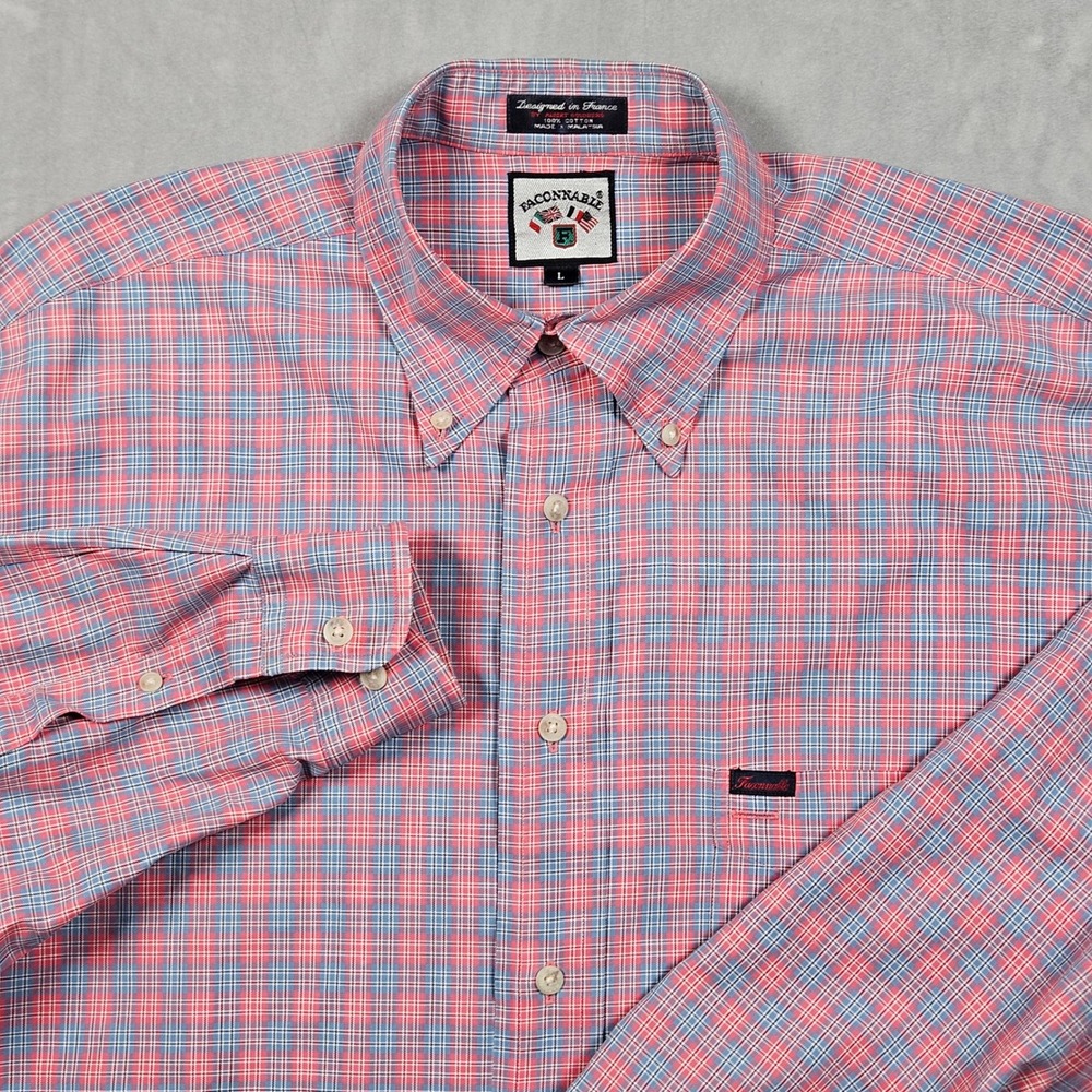 Vintage Faconnable Button Down Shirt Mens Large Pink Blue Plaid Pocket 90s